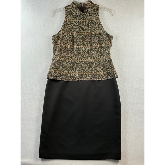 Jessica Howard Womens Gold Metallic Brocade Halter Mock Neck Sheath Dress  Size 8